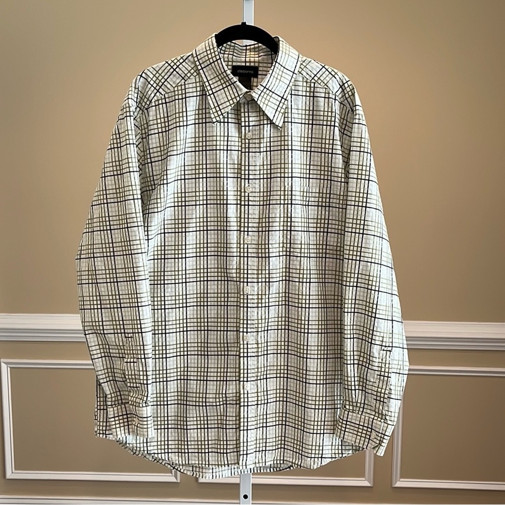 Men's Claiborne Long Sleeve Green Checkered Button Down Shirt Size XL